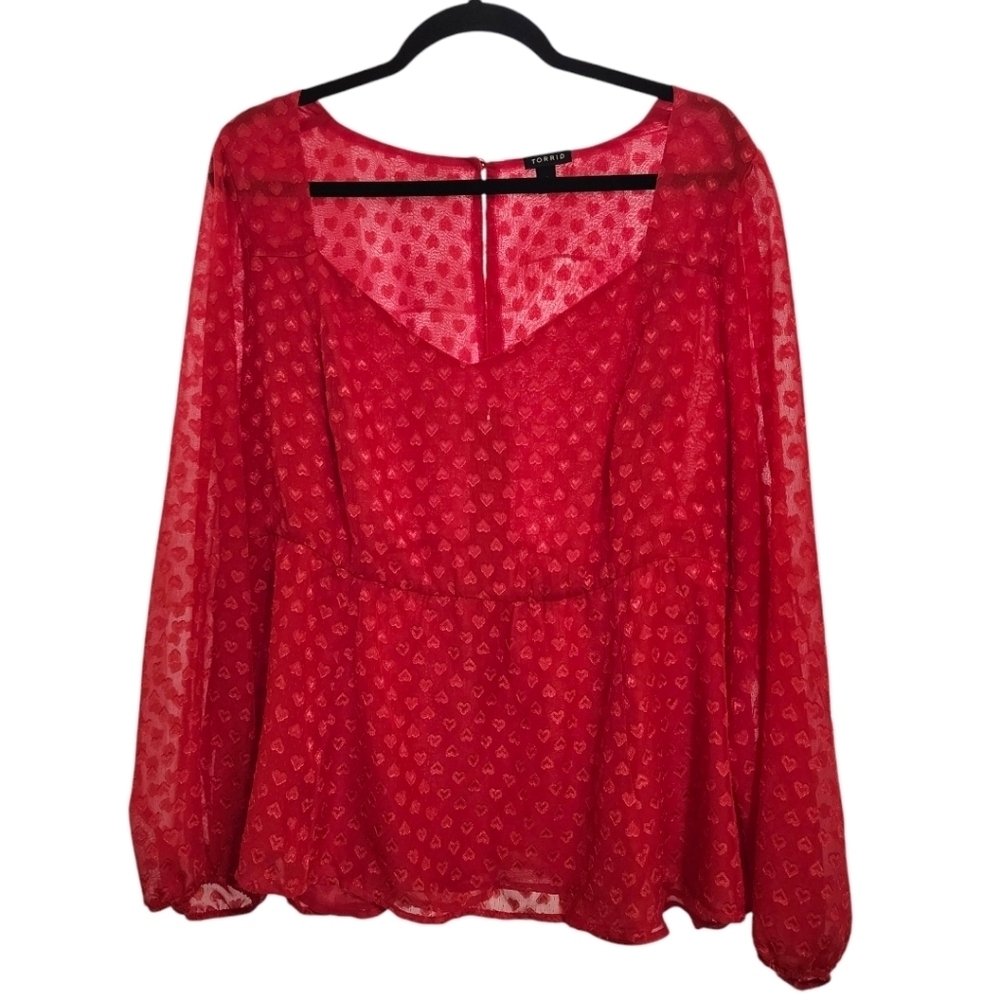 Torrid Red Peplum Chiffon Heart Clip Dot Flowy Sheer Blouse, Size 2x - Picture 4 of 10